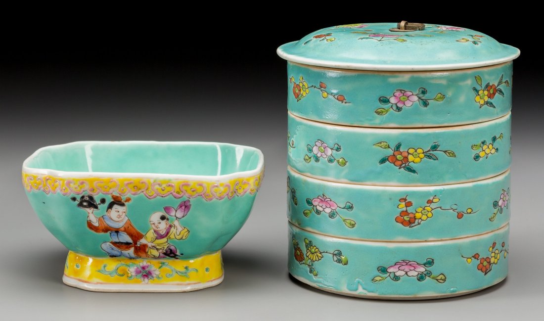 A Chinese Famille Jaune Enameled Porcelain Four-Tier Bo (1 of 3)