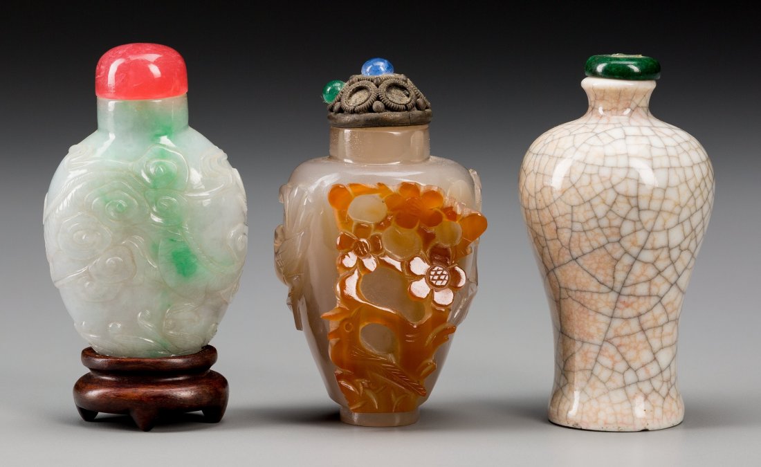 Three Chinese Agate, Jadeite and Porcelain Snuff Bottle (1 of 2)