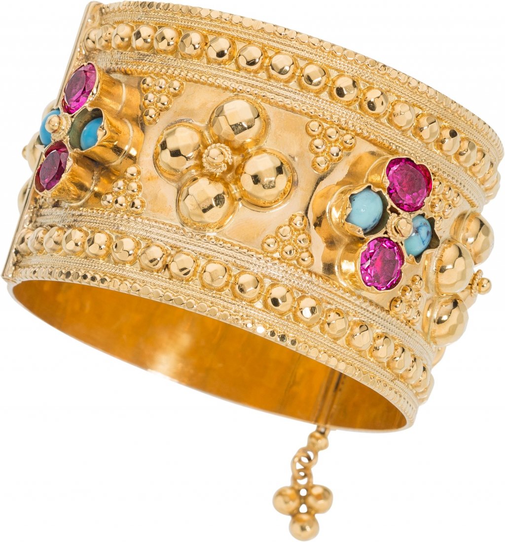 A Handwrought Gold, Turquoise, and Synthetic Ruby Cuff (1 of 1)