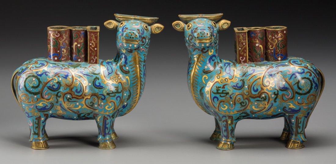 A Pair of Chinese Cloisonné Ox-Form Joss Stick Holders (1 of 3)