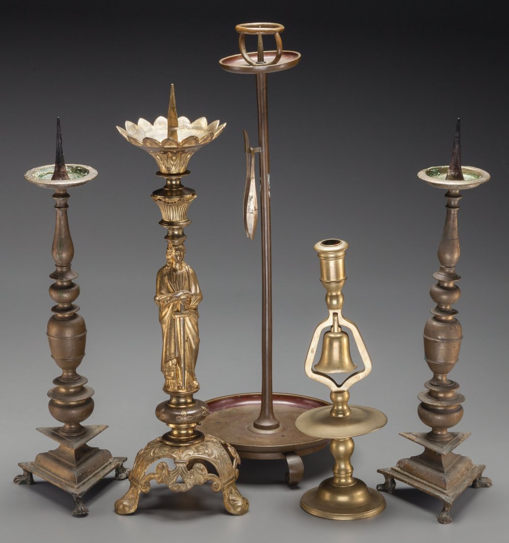 Five Brass and Bronze Prickets and Candlesticks, 19th-2 (1 of 2)
