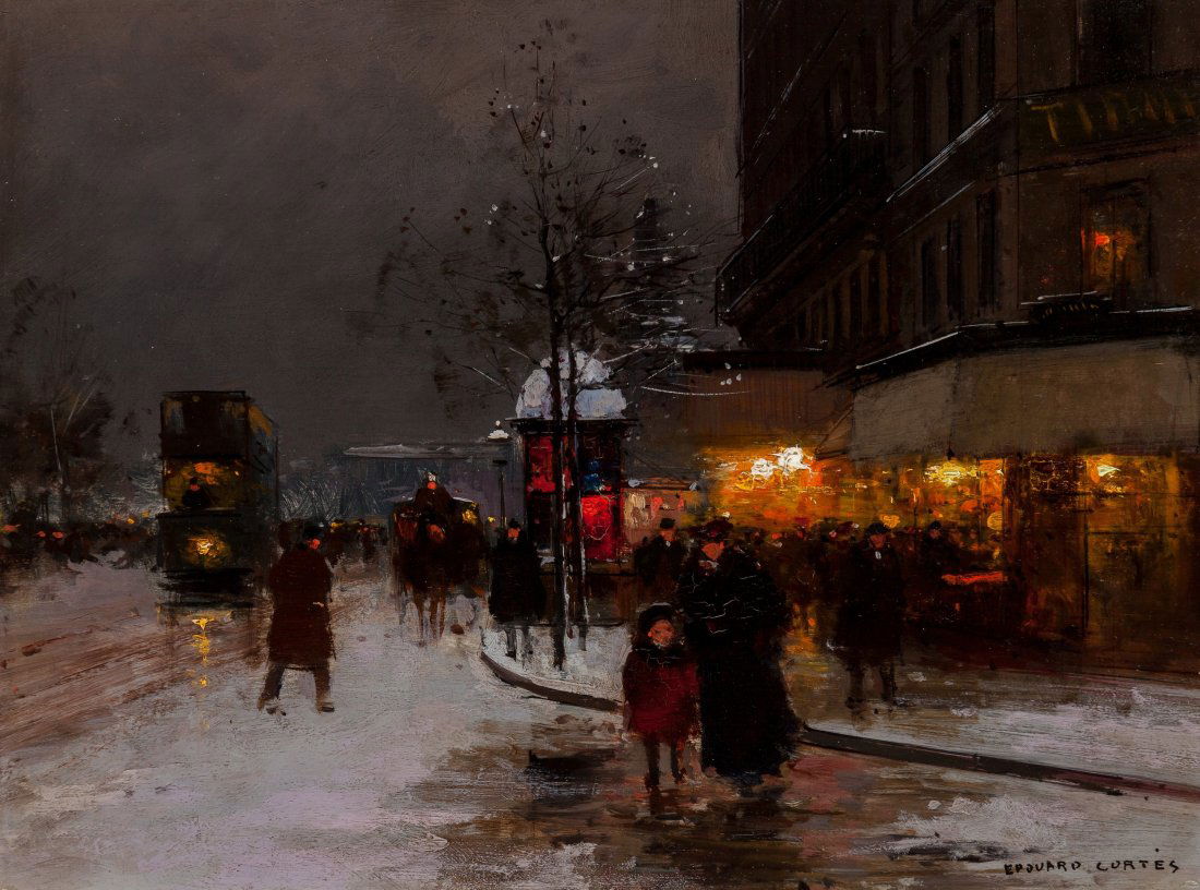 Edouard-Léon Cortès (French, 1882-1969) Avenue de la Rè: Edouard-Léon Cortès (French, 1882-1969)Avenue de la Rèpublique, de neige, circa 1915Oil on panel10-1/2 x 13-3/4 inches (26.7 x 34.9 cm)Signed lower right: Edouard Cortès PROVENANCE:Maxwell