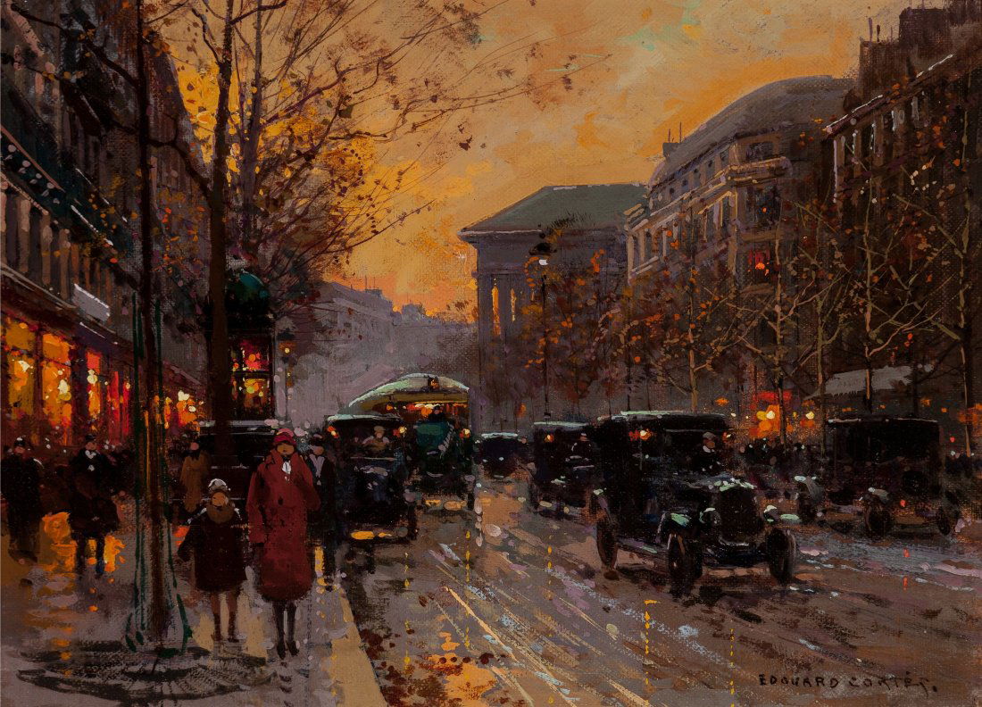 Edouard-Léon Cortès (French, 1882-1969) Boulevard de la: Edouard-Léon Cortès (French, 1882-1969)Boulevard de la Madeleine au crepuscule, circa 1935Oil on canvas9-3/4 x 13 inches (24.8 x 33.0 cm)Signed lower right: Edouard Cortès PROVENANCE:Maxwel