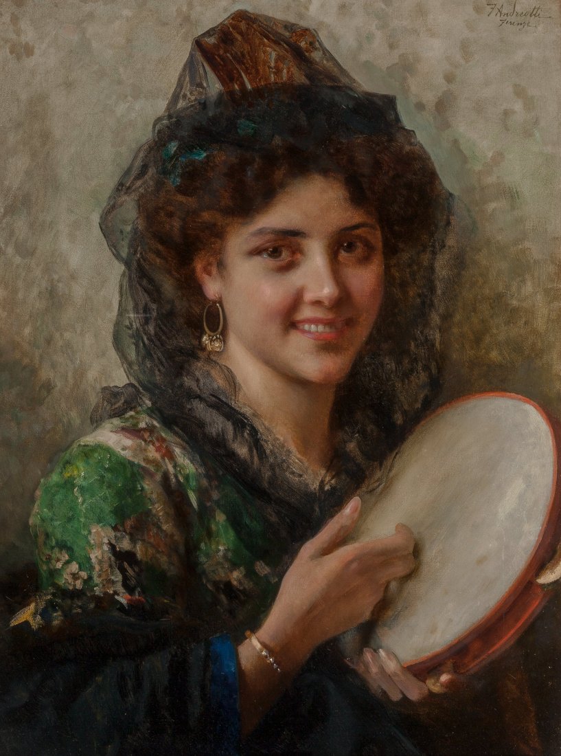 Federigo Andreotti (Italian, 1847-1930) Girl with a tam: Federigo Andreotti (Italian, 1847-1930) Girl with a tambourine Oil on canvas 26 x 19-1/4 inches (66.0 x 48.9 cm) Signed and inscribed upper right: F Andreotti / Firenze PROPERTY OF A