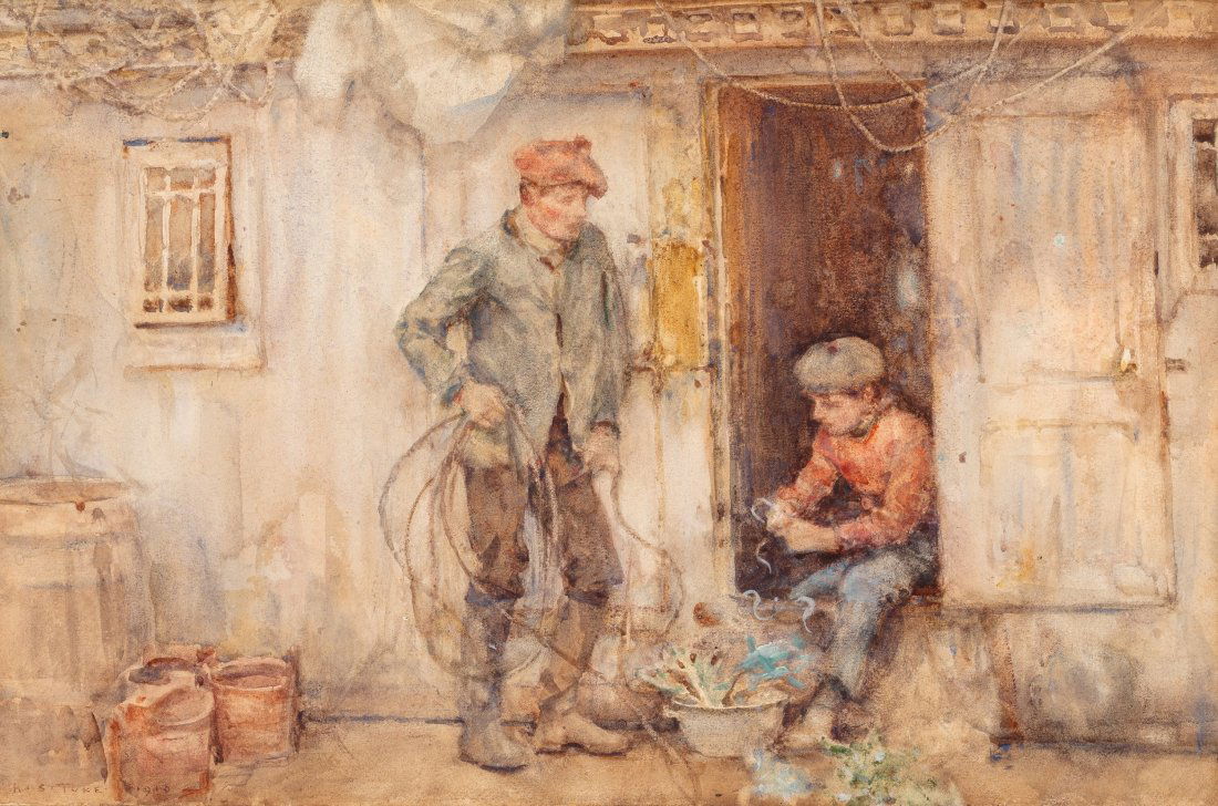 Henry Scott Tuke (British, 1858-1929) The cook's galley: Henry Scott Tuke (British, 1858-1929)The cook's galley, 1910Watercolor on paper laid on board12 x 18 inches (30.5 x 45.7 cm) (sheet)Signed and dated lower left: H.S. Tuke 1910Titled verso: The C