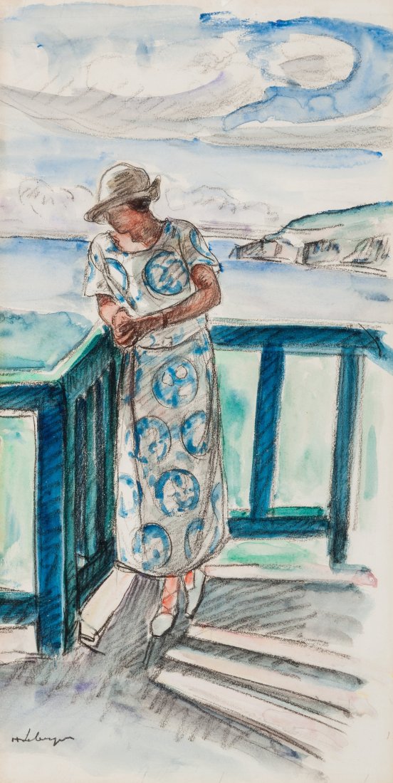 Henri Baptiste Lebasque (French, 1865-1937) Femme au ba: Henri Baptiste Lebasque (French, 1865-1937) Femme au balcon Watercolor and charcoal on paper 17-3/4 x 9-1/4 inches (45.1 x 23.5 cm) (sheet) Signed lower left: H. Lebasque PROVENANCE: Richard