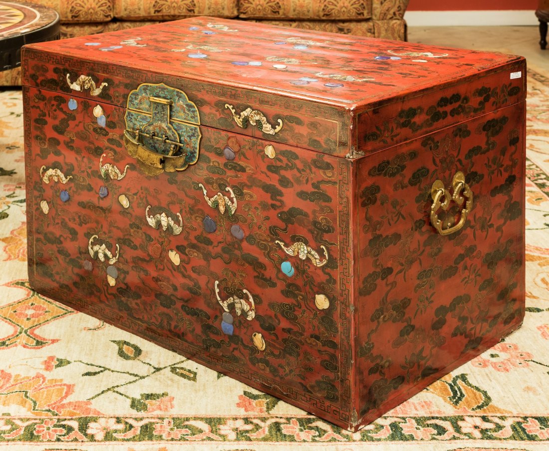 A Chinese Red Lacquered Chest with Inlaid Mother-of-Pea (1 of 2)