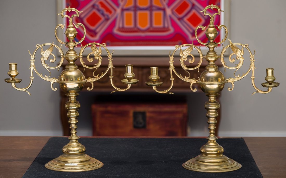Pair of Dutch Baroque-Style Brass Two-Light Candelabra, (1 of 1)