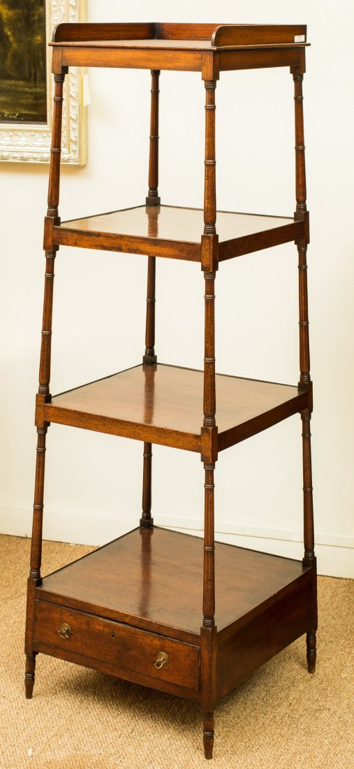 An Edwardian Mahogany Four-Tired Étagère with Drawer, l: An Edwardian Mahogany Four-Tired Étagère with Drawer, late 19th century 58-1/2 h x 19-1/4 w x 19-1/4 d inches (148.6 x 48.9 x 48.9 cm)