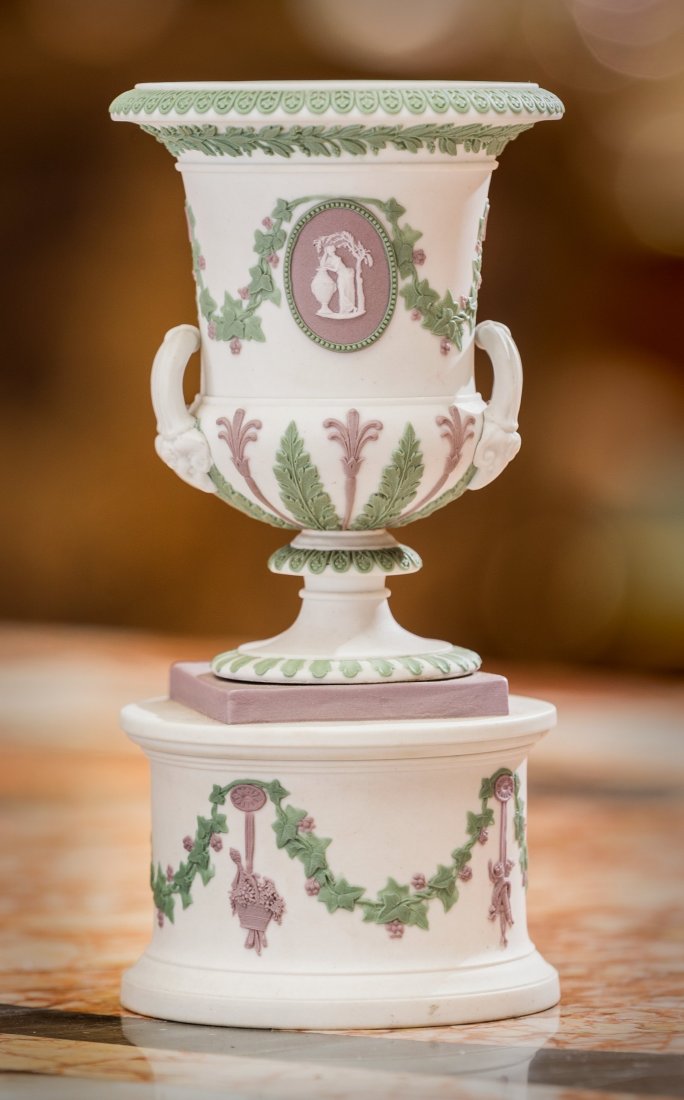 A Wedgwood Tri-Color Jasperware Urn, Burslem (Stoke-on-: A Wedgwood Tri-Color Jasperware Urn, Burslem (Stoke-on-Trent), Staffordshire, England, late 19th centuryMarks: WEDGWOOD, 11, (dot)6-5/8 inches high (16.8 cm)