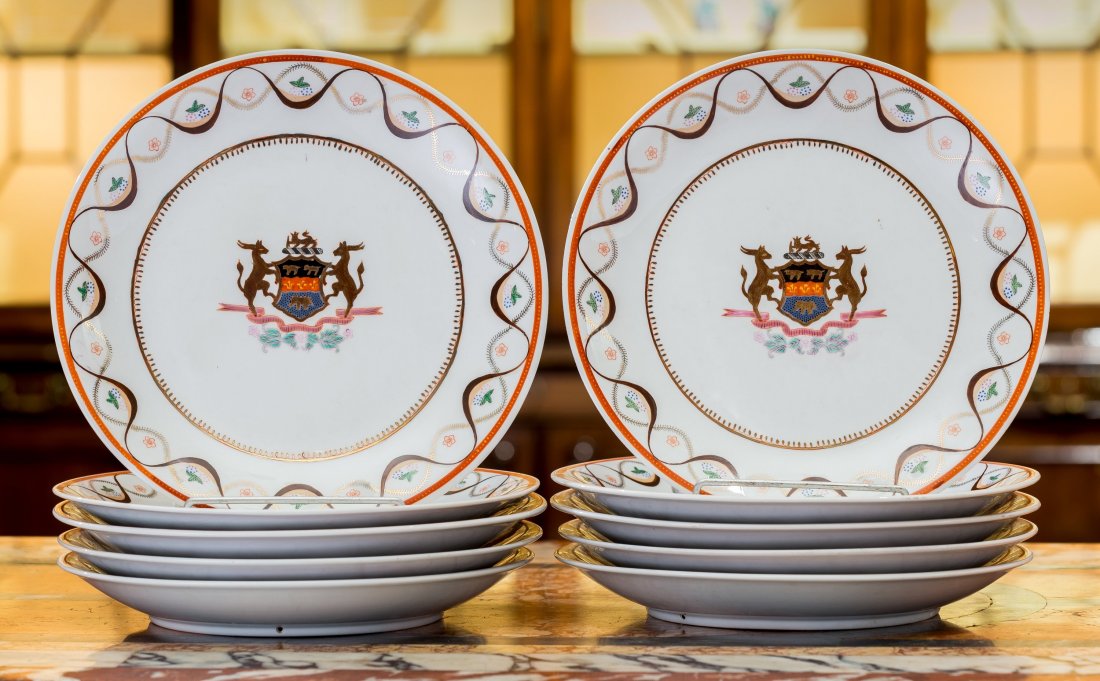 Ten Armorial Enameled and Gilt Porcelain Chargers, earl: Ten Armorial Enameled and Gilt Porcelain Chargers, early 21st century 12 inches diameter (30.5 cm)