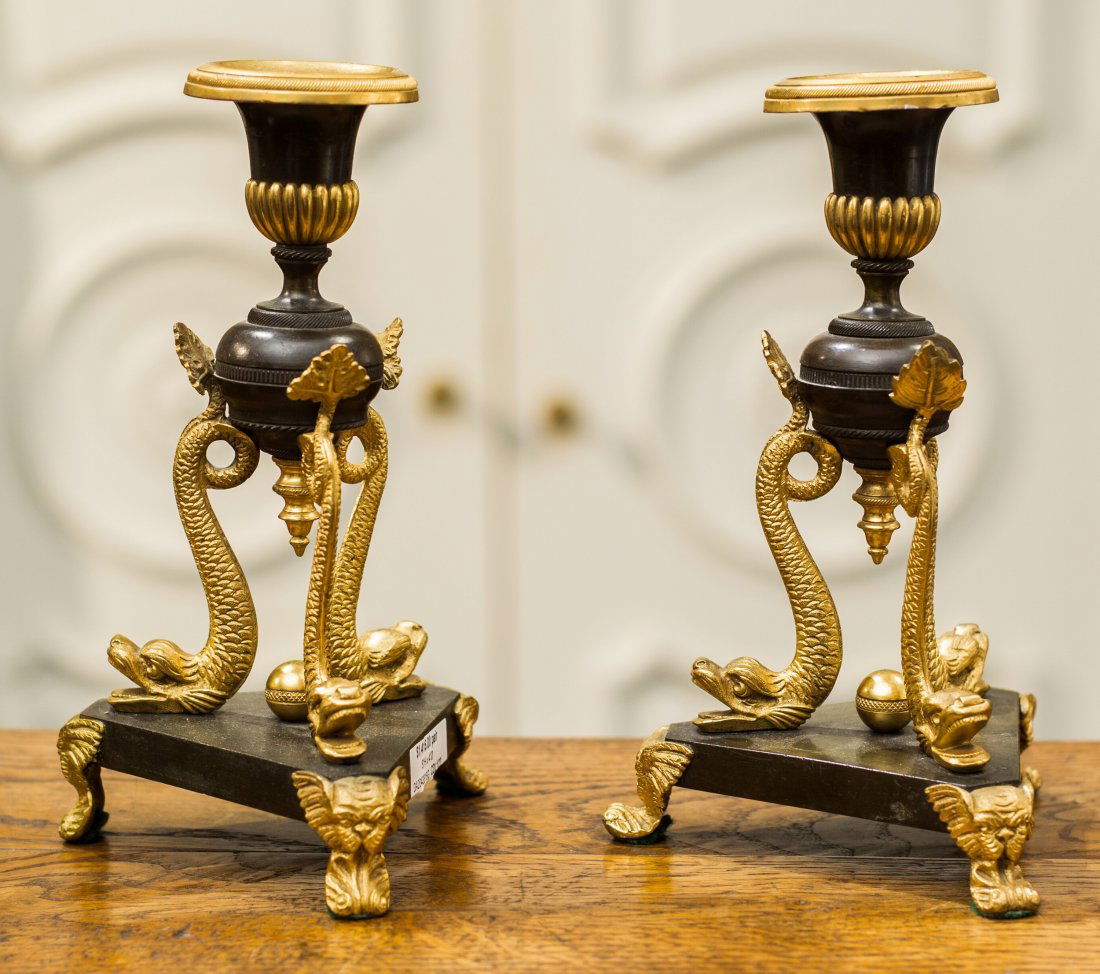 A Pair of Gilt and Patinated Bronze Candlesticks with D (1 of 1)