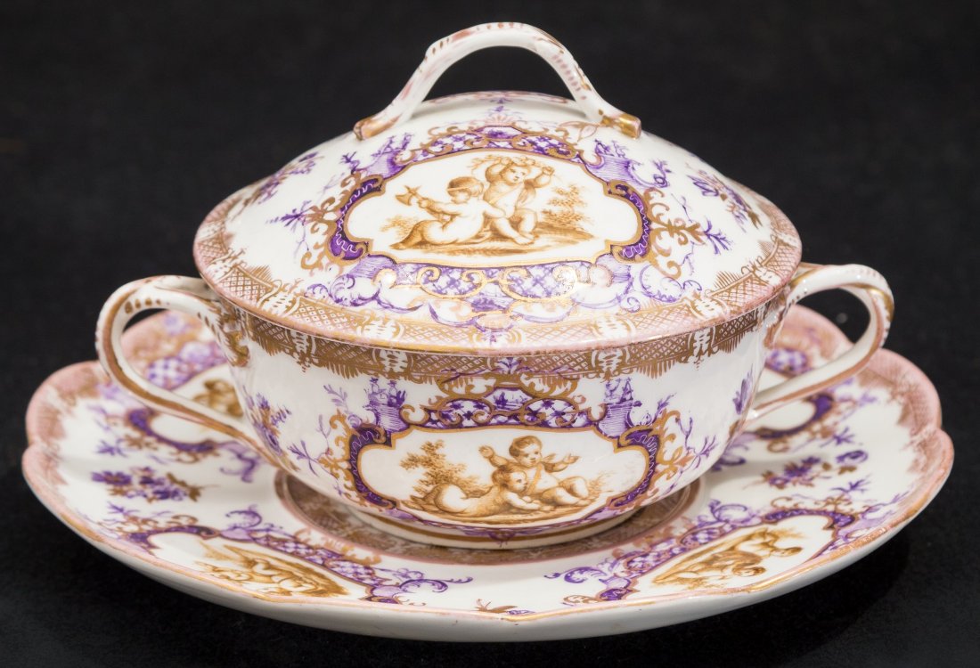 A Continental Partial Gilt and Painted Covered Broth Cu: A Continental Partial Gilt and Painted Covered Broth Cup and Underplate, 20th century Marks: AR (in underglaze blue) 4-1/4 inches high (10.8 cm) (covered cup)