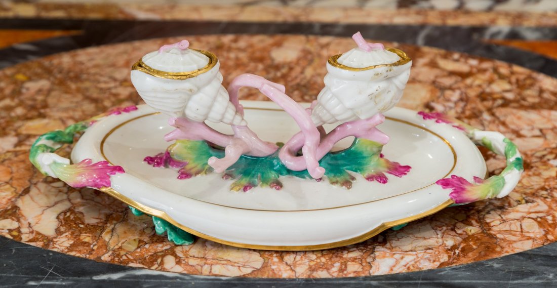 A Minton Porcelain Aquatic Motif Double Inkwell, Stoke-: A Minton Porcelain Aquatic Motif Double Inkwell, Stoke-on-Trent, Staffordshire, England, early 20th century Marks: MINTON, 821, M 12-1/2 inches long (31.8 cm)
