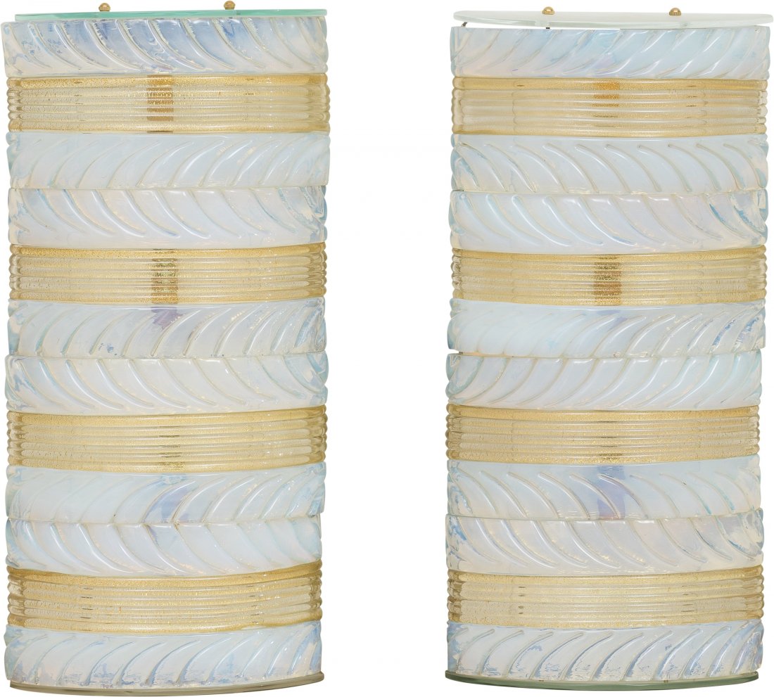 A Pair of Art Deco-Style Opalescent Glass and Gilt Meta: A Pair of Art Deco-Style Opalescent Glass and Gilt Metal Sconces, early 21st century 21 h x 10 w x d 4 inches (53.3 x 25.4 x 10.2 cm)