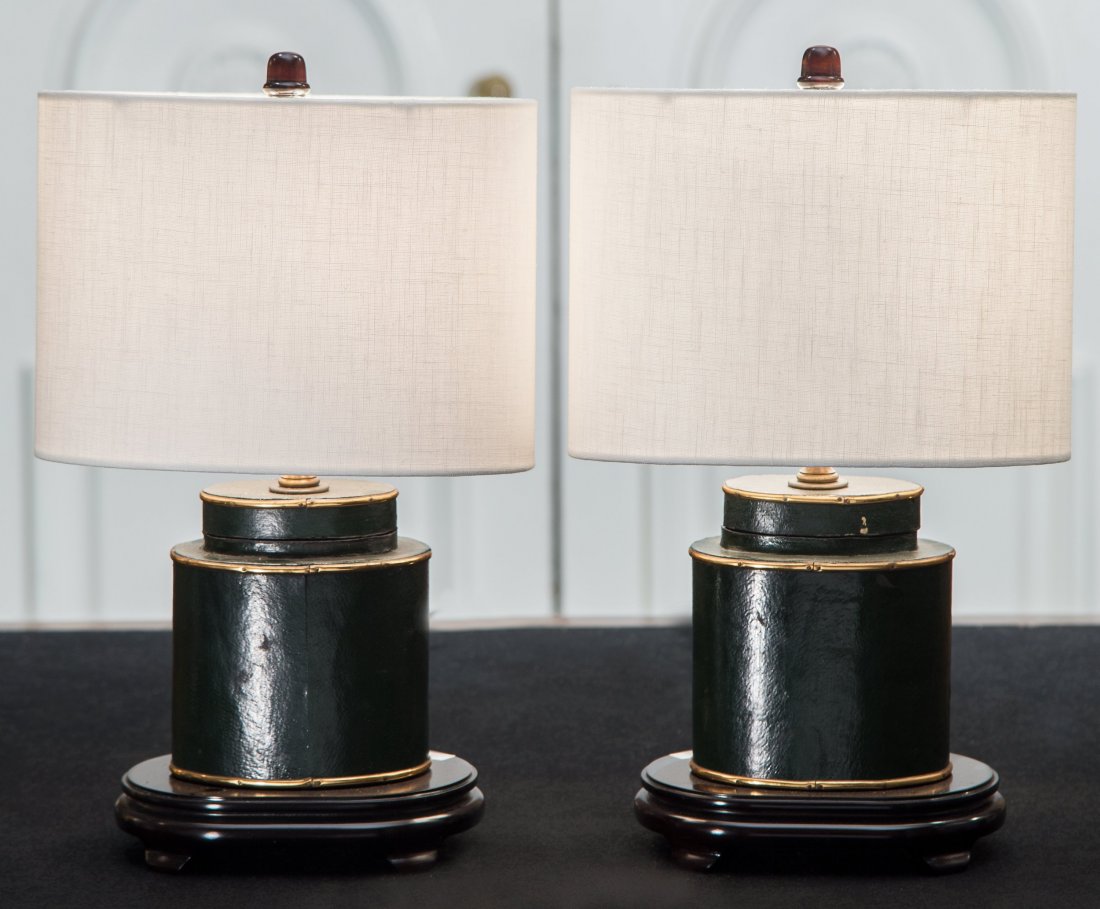 A Pair Deep Green Faux Leather Table Lamps, 20th centur (1 of 1)