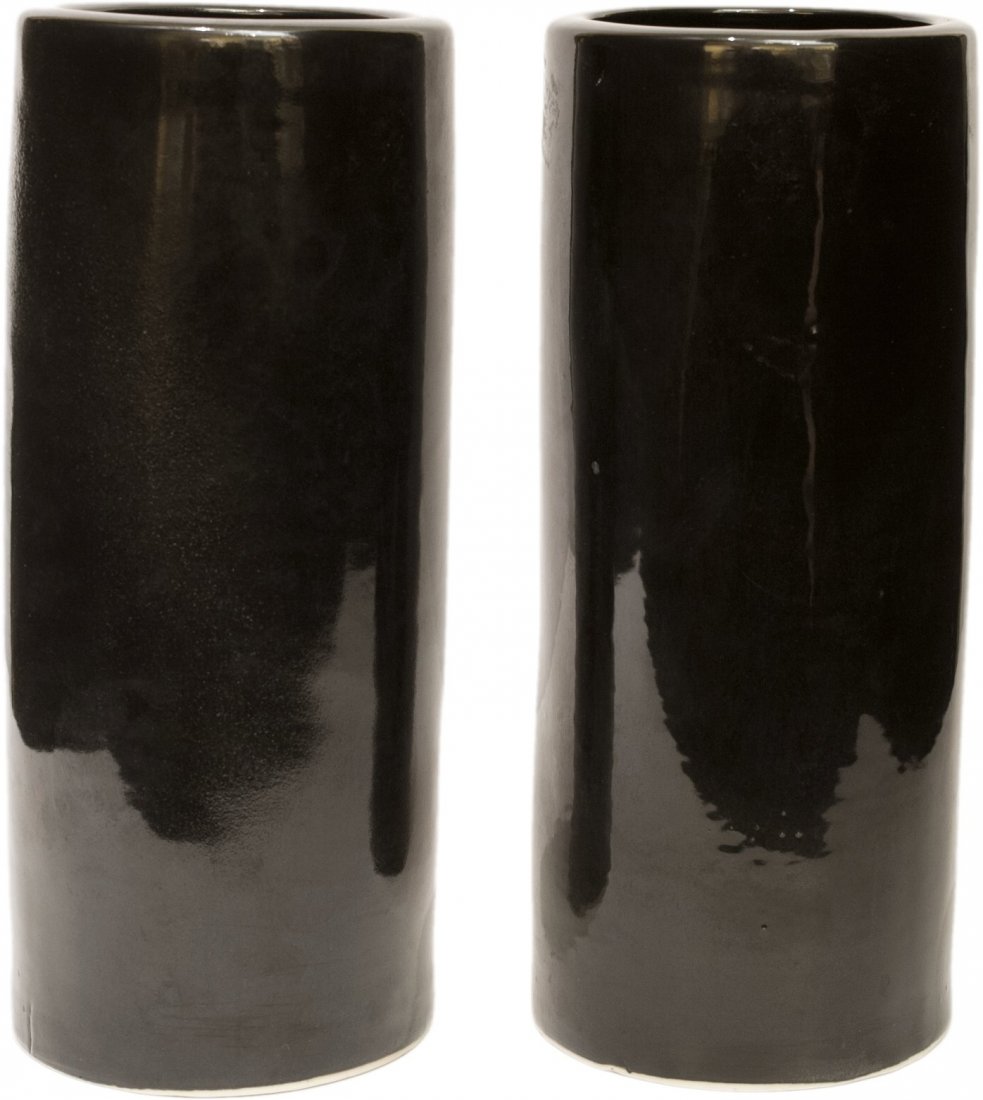 A Pair of Porcelain Black Glazed Cylindrical Vases 11-3: A Pair of Porcelain Black Glazed Cylindrical Vases 11-3/4 inches high (29.8 cm)
