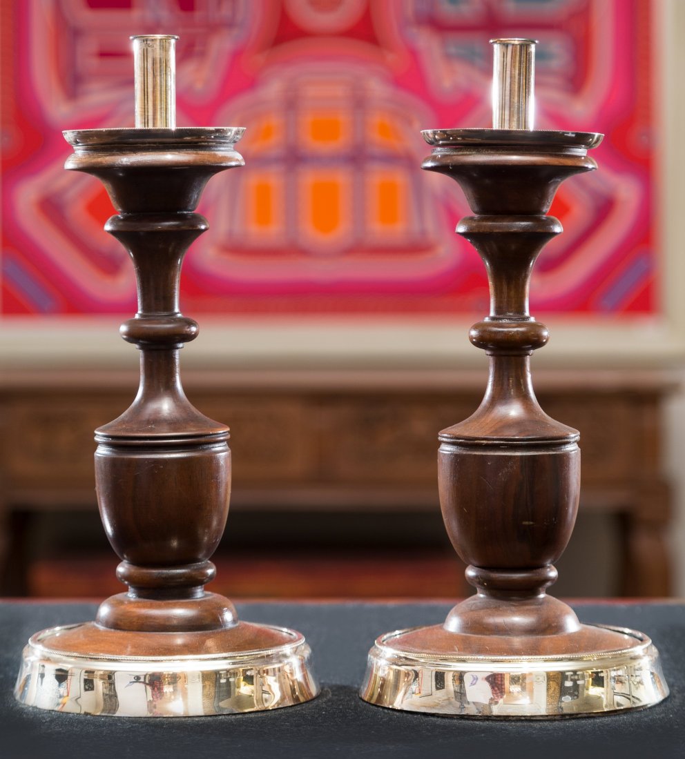 A Pair of Turned Walnut Candlesticks with Silvered Meta (1 of 1)