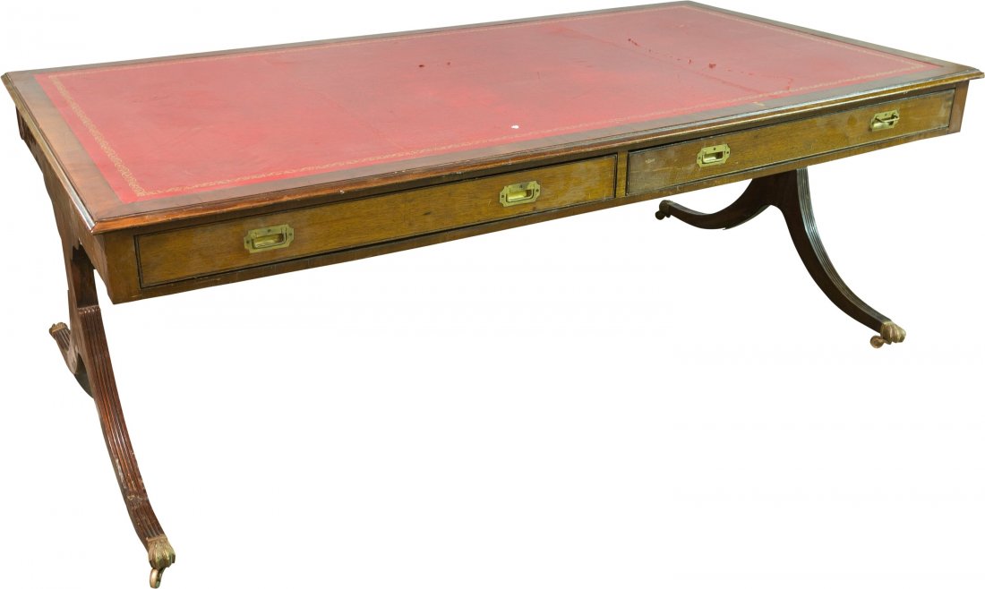A Large Duncan Phyfe-Style Leather-Topped Two-Drawer Li: A Large Duncan Phyfe-Style Leather-Topped Two-Drawer Library Table, 20th century 29 h x 80-1/2 w x 42-3/4 d inches (73.7 x 204.5 x 108.6 cm)