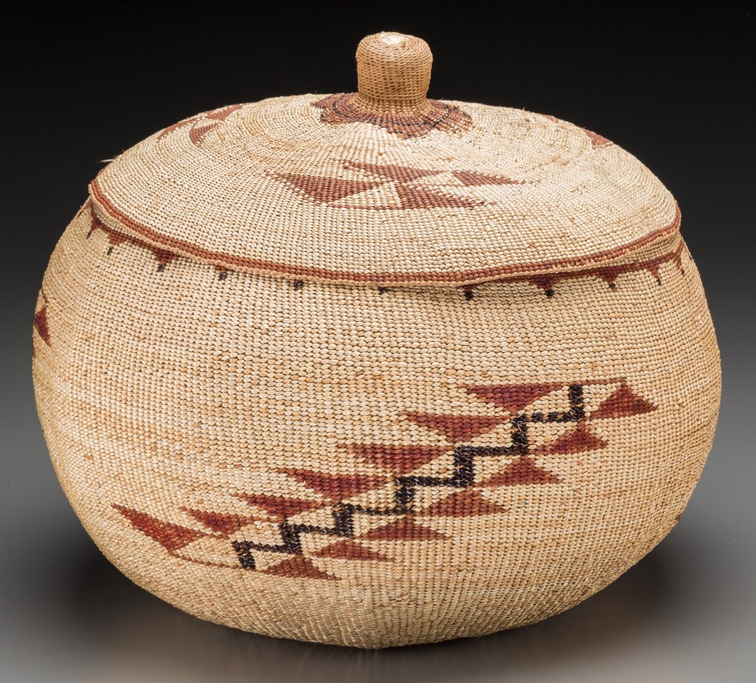A Large Klamath Polychrome Twined Basket with Lid c. 19: A Large Klamath Polychrome Twined Basket with Lid c. 1930 bear grass, alder-dyed woodwardia fern, maidenhair fern, with old tags attached, two inscribed Raley, BC - 7, and one inscribed, Klamath Type 