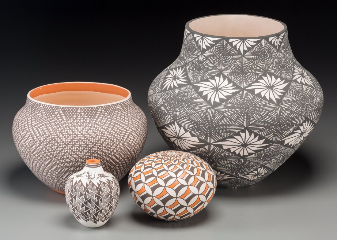 Four Acoma Pottery Jars Delores Lewis, Rachel Concho, F: Four Acoma Pottery Jars Delores Lewis, Rachel Concho, Frederica Antonio, Sandra Victorino c. 2000 clay, paint, each signed on the bottom Provenance: Property from the Collection of Dr. Gerald and Mrs.