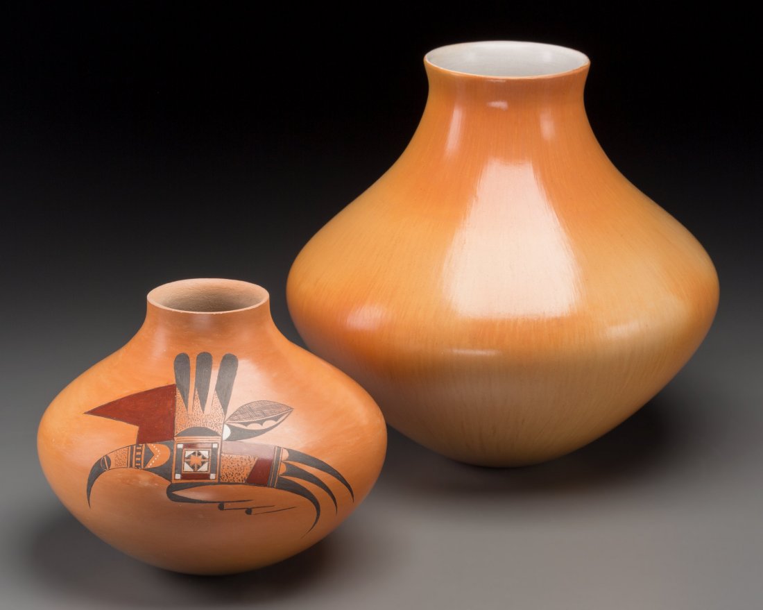 Two Hopi Buffware Jars Dextra Quotskuyva Nampeyo and Ma: Two Hopi Buffware Jars Dextra Quotskuyva Nampeyo and Mark Tahbo c. 1998 clay, paint, each signed on the bottom Provenance: Property from the Collection of Dr. Gerald and Mrs. Laurette Maisel