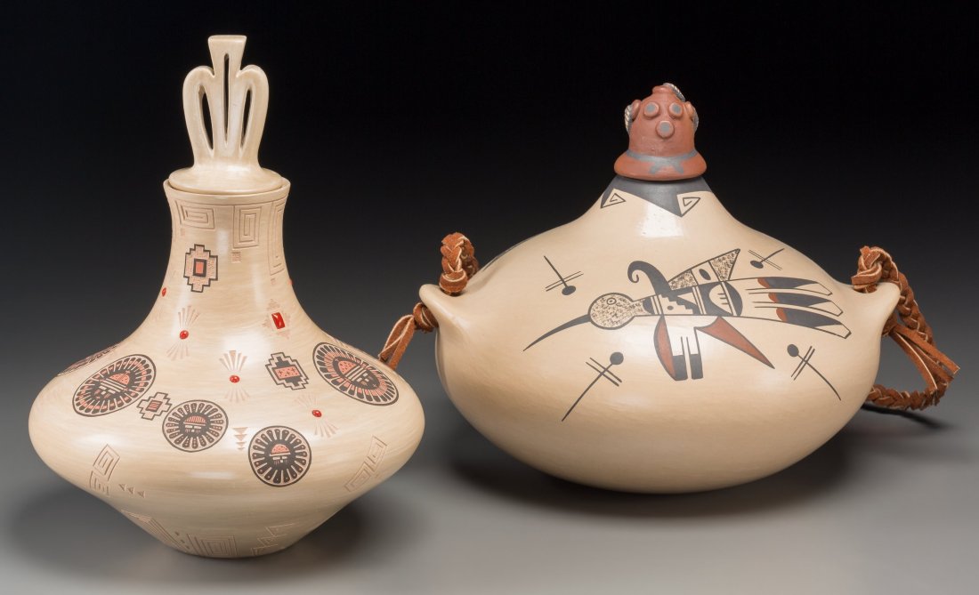 Two Hopi Polychrome Lidded Vessels Glendora Fragua and: Two Hopi Polychrome Lidded Vessels Glendora Fragua and Agnes Nahsonhoya c. 2005 clay, paint, coral, cork, commercial hide, each signed on the base, one with a corn stalk hallmark, the other, Agn