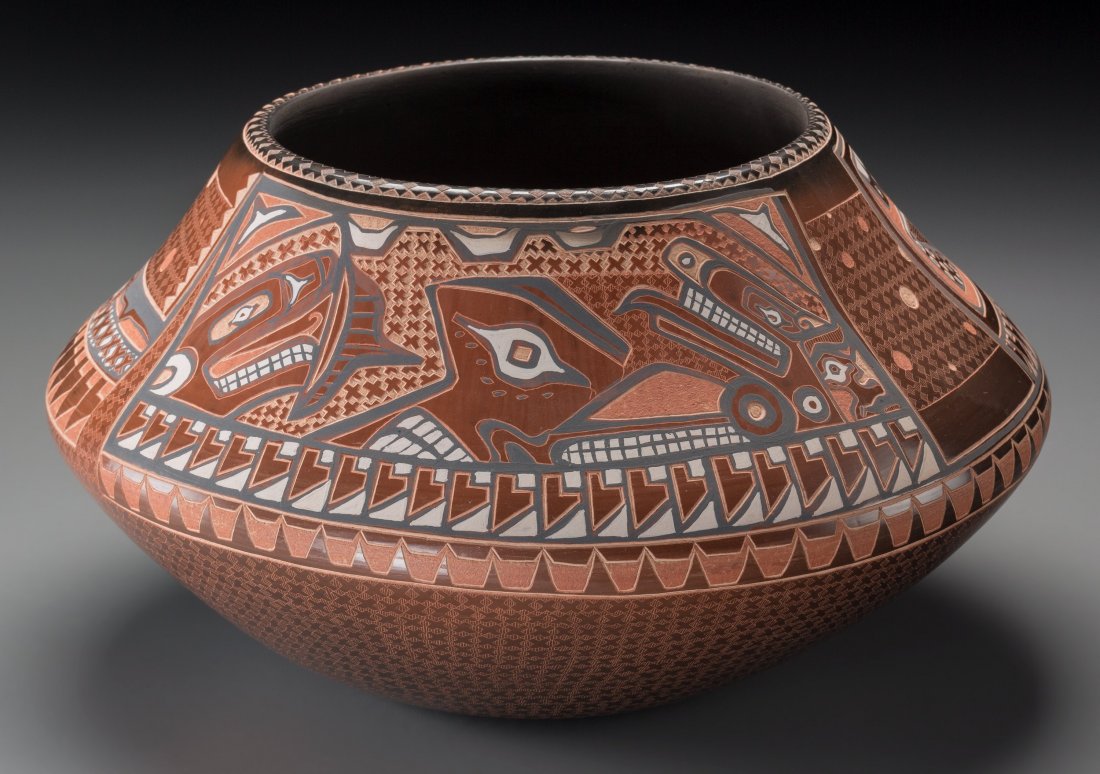 A Santa Clara Polychrome Jar Susan Folwell c. 1997 cl: A Santa Clara Polychrome Jar Susan Folwell c. 1997 clay, paint, signed on the base, Susan Folwell, 97 Provenance: Property from the Collection of Dr. Gerald and Mrs. Laurette Maisel Diam