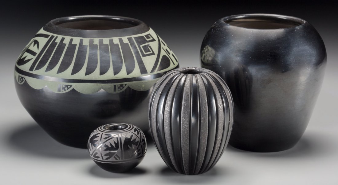 Four Southwest Blackware Items Minnie Vigil, Linda Tafo: Four Southwest Blackware Items Minnie Vigil, Linda Tafoya Oyenque, Maria Poveka, and Erik Fender c. 1950 - 1990 clay, paint, each signed on the base Provenance: Property from the Collection of Dr. Ger