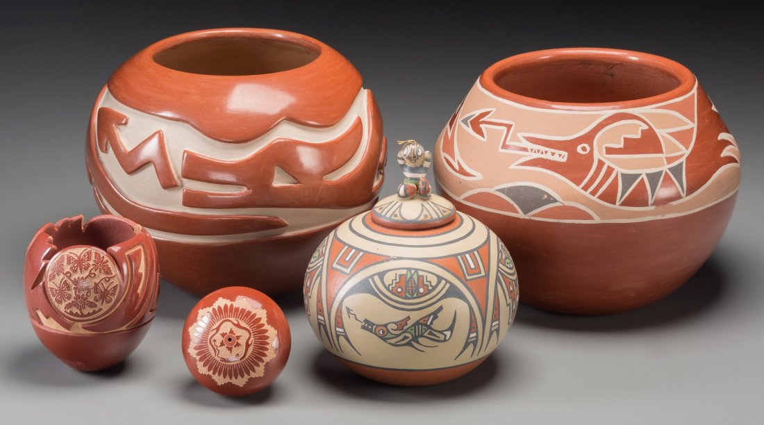 Five Santa Clara Pottery Jars Grace Medicine Flower, Ma: Five Santa Clara Pottery Jars Grace Medicine Flower, Mary Cain, Margaret and Luther Gutierrez, Debra Duwyenie, Nicolasa Naranjo c. 1970 - 1990 clay, paint, each signed on the base Provenance: Property