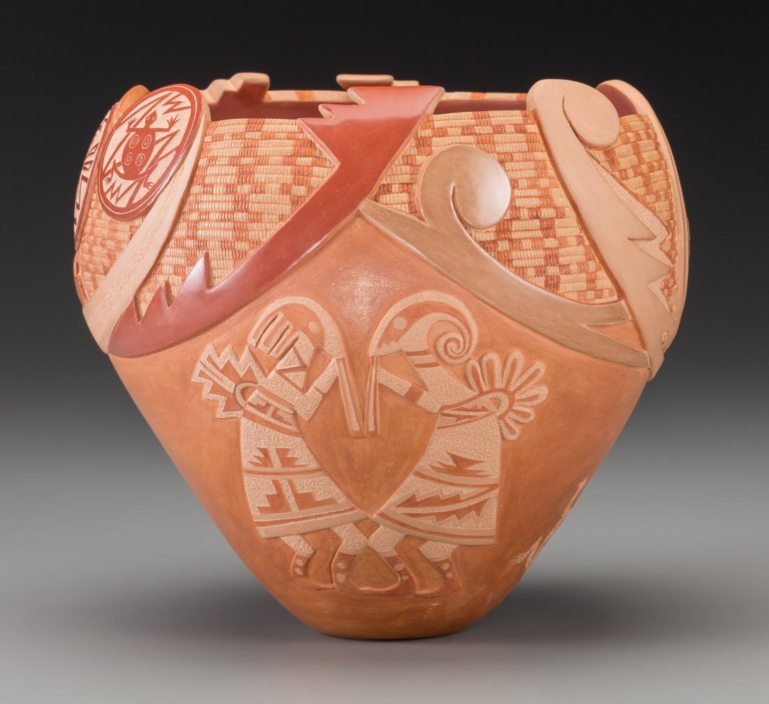 A Santa Clara Polychrome Jar Grace Medicine Flower c. 1: A Santa Clara Polychrome Jar Grace Medicine Flower c. 1985 clay, paint, signed on the base, Grace Medicine Flower Provenance: Property from the Collection of Dr. Gerald and Mrs. Laurette Maisel