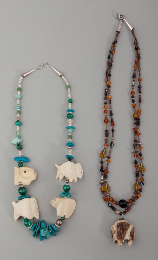 Two Choctaw Necklaces Robert Kaniatobe c. 1980 silve: Two Choctaw Necklaces Robert Kaniatobe c. 1980 silver, glass trade beads, antler, turquoise, bone, malachite Lengths: 13 and 16 inches