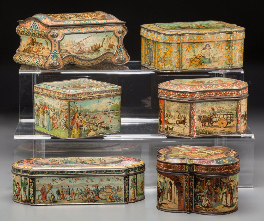 Six Various Scenic Biscuit Tins, late 19th-early (1 of 2)