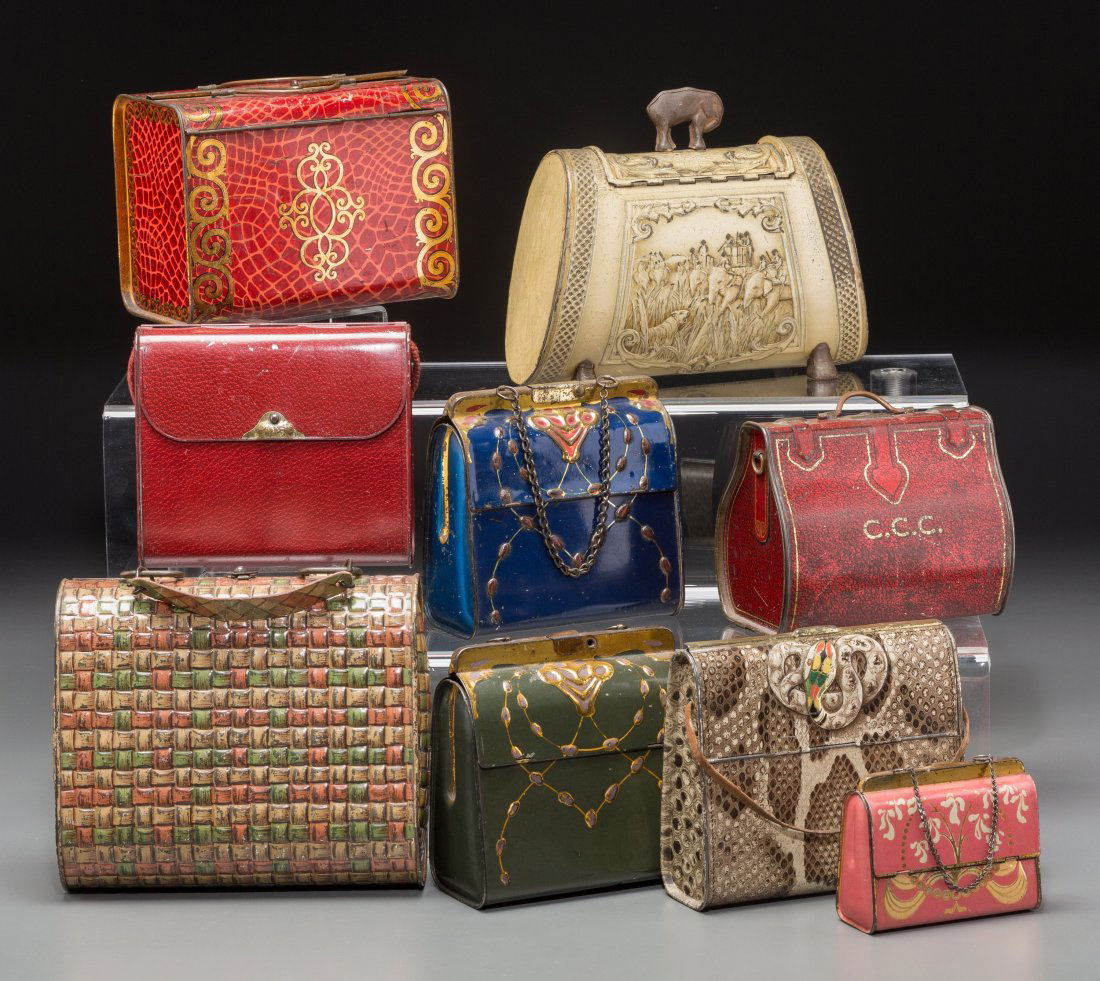 Nine Various Satchel-Form Biscuit Tins, early 20 (1 of 2)