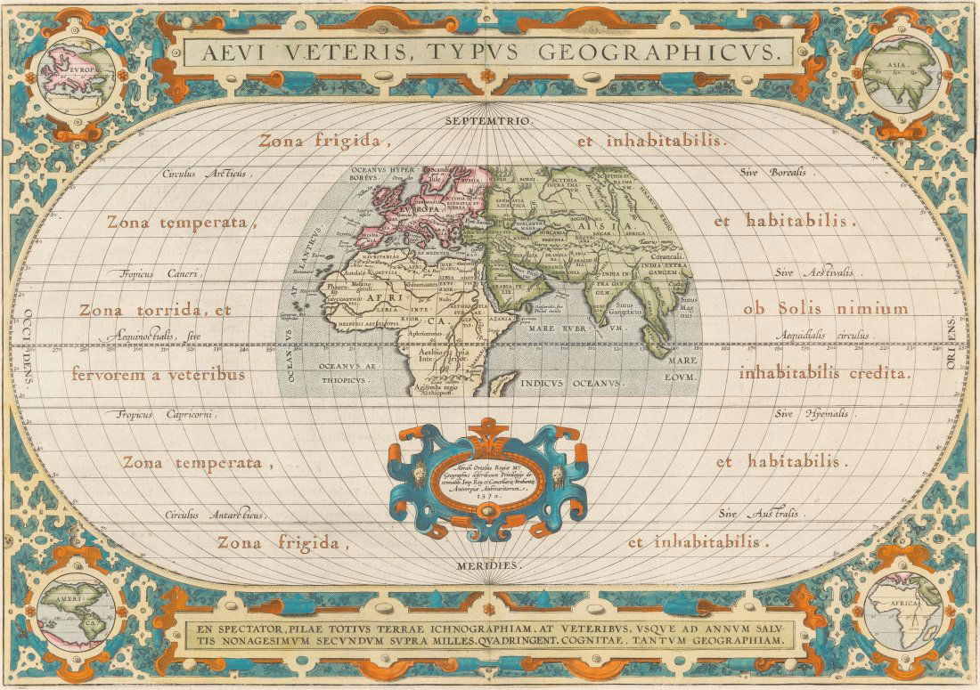 A Framed Engraving with Hand Coloring of a World: A Framed Engraving with Hand Coloring of a World Map, after Abraham Ortelius12-1/4 x 17-1/