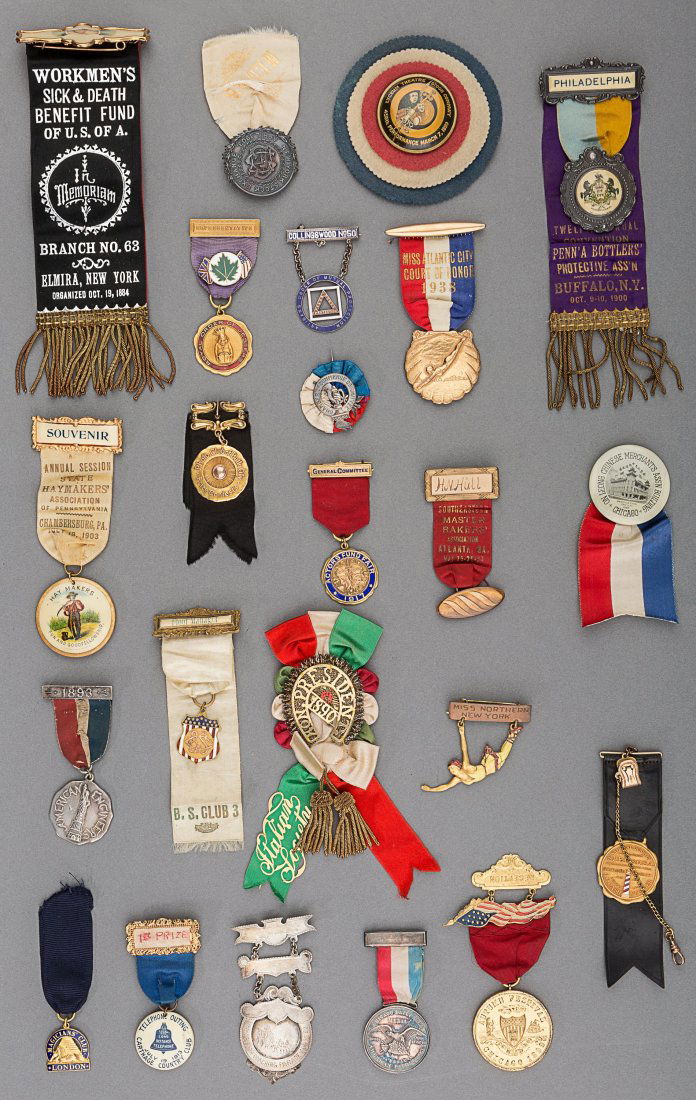 A Large Collection of Badges, Medals, Cases, and: A Large Collection of Badges, Medals, Cases, and Buttons, late 19th-20th centuriesVar