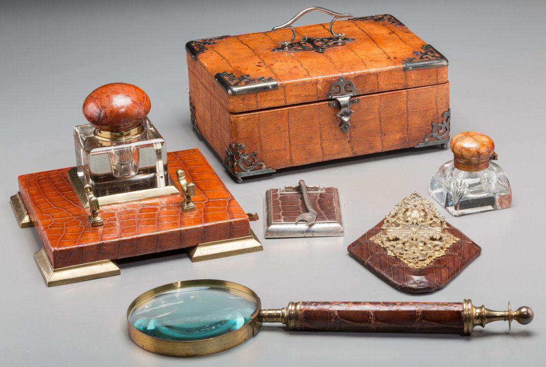 A Group of Six Alligator Leather Bound Desk Item (1 of 1)
