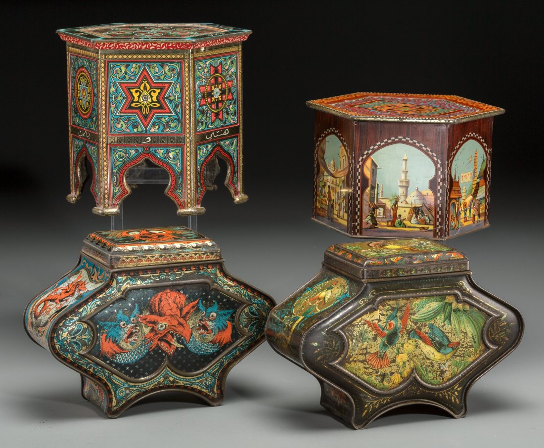 Four Biscuit Tins with Far Eastern Motifs, late (1 of 2)