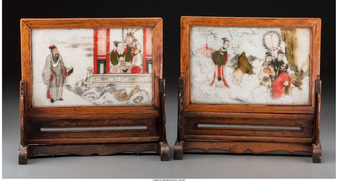 Two Chinese Pictorial Painted Marble Table Scree: Two Chinese Pictorial Painted Marble Table Screens, late 19th-early 20th century 9 h x 9-1/