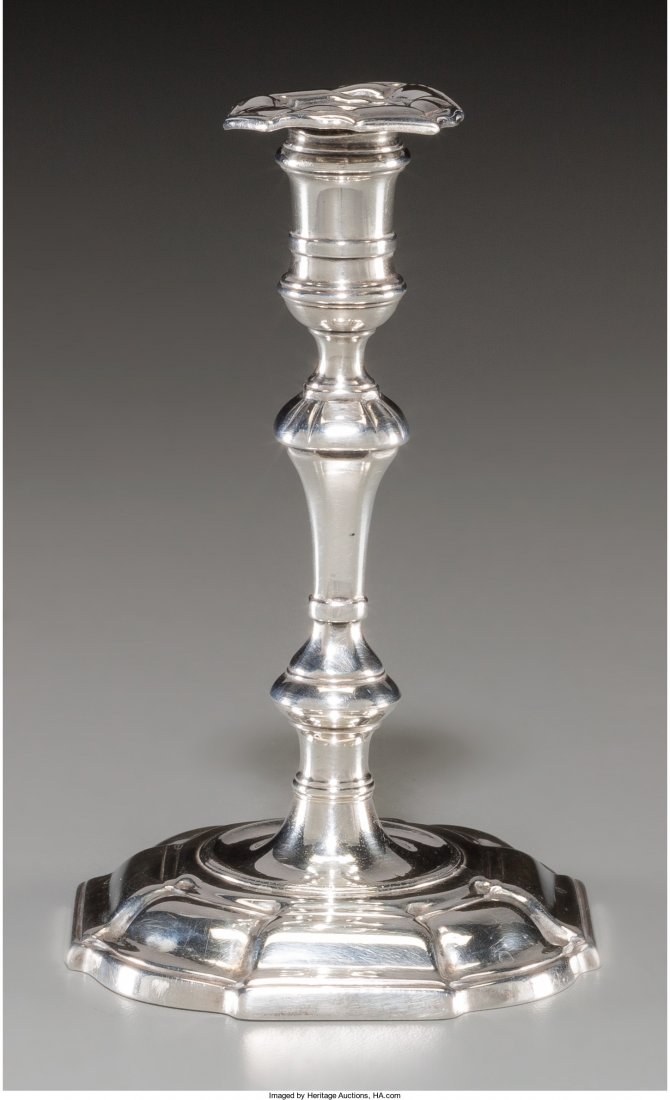 A James Gould George II Silver Candlestick, circ: A James Gould George II Silver Candlestick, circa 1734Marks: (lion passant), (crowned leop