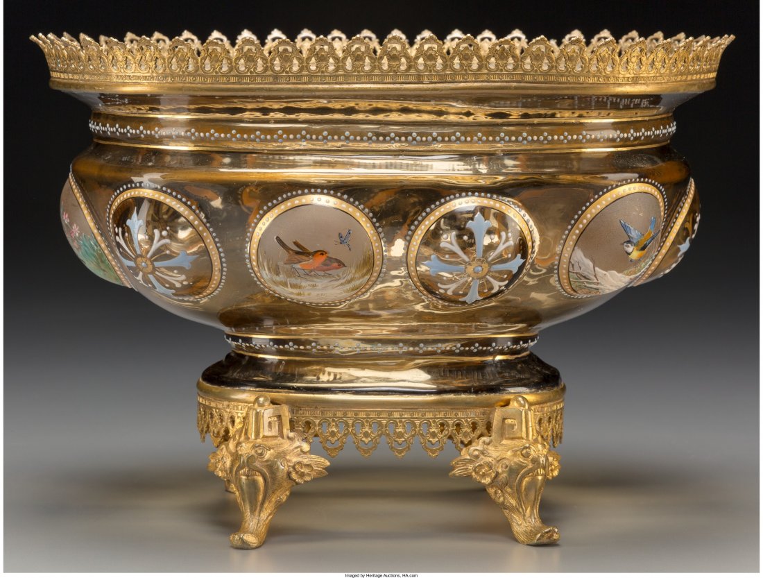 A Moser Enameled Glass and Gilt Bronze-Mounted C: A Moser Enameled Glass and Gilt Bronze-Mounted Centerpiece, late 19th century 9 h x 12-3/4 w x 9-1/