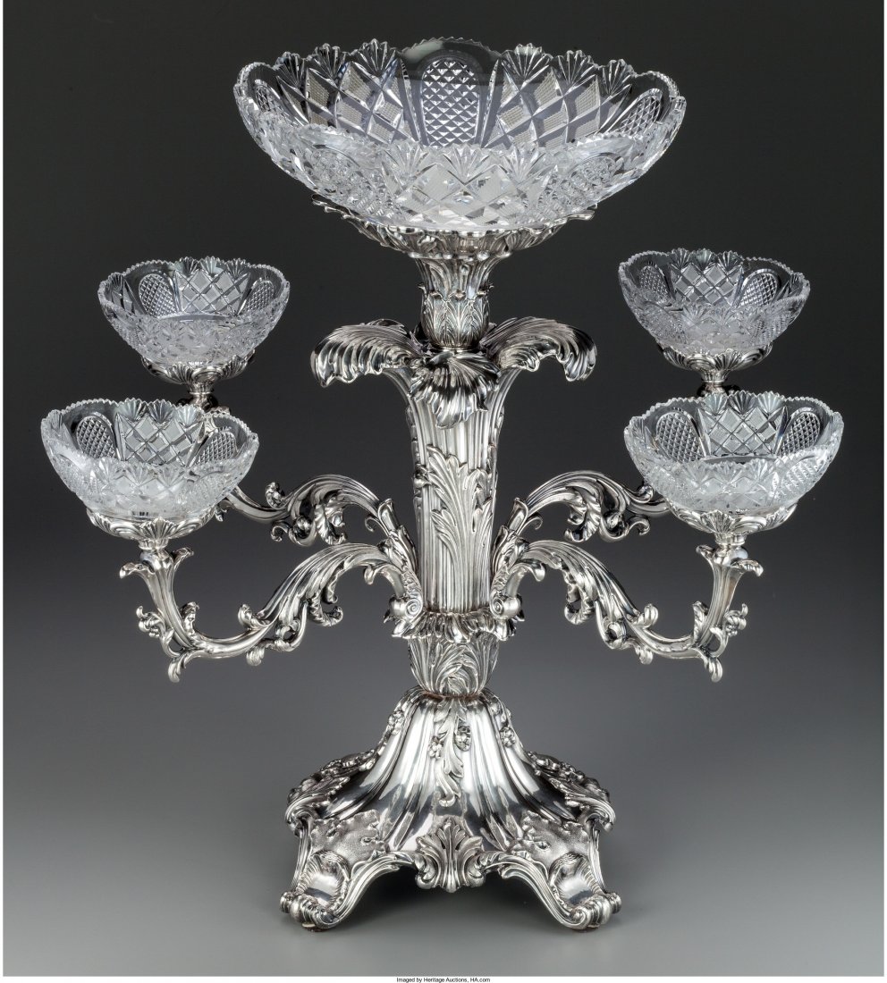 An English Victorian Silver-Plated Four Arm Eper: An English Victorian Silver-Plated Four Arm Epergne with Cut-Glass Bowls, circa 1850 M