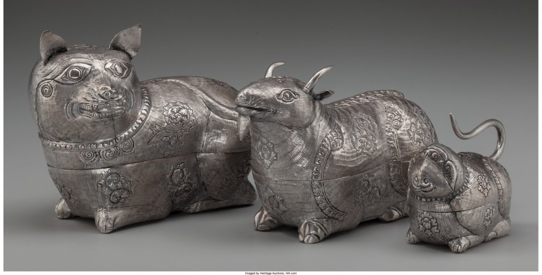 Three Cambodian Figural Silver Betel Boxes: Cat;: Three Cambodian Figural Silver Betel Boxes: Cat; Goat; Monkey,</
