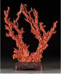 A Large Chinese Carved Coral Group with Avian Mo: A Large Chinese Carved Coral Group with Avian Motifs on Carved Wood Stand19-3/4 inches hig