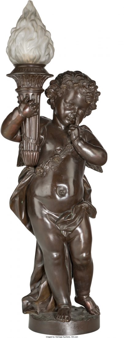A Large Beaux Arts Bronze Figural Newel Lamp, ea: A Large Beaux Arts Bronze Figural Newel Lamp, early 20th century 46-1/4 inches high (117.5