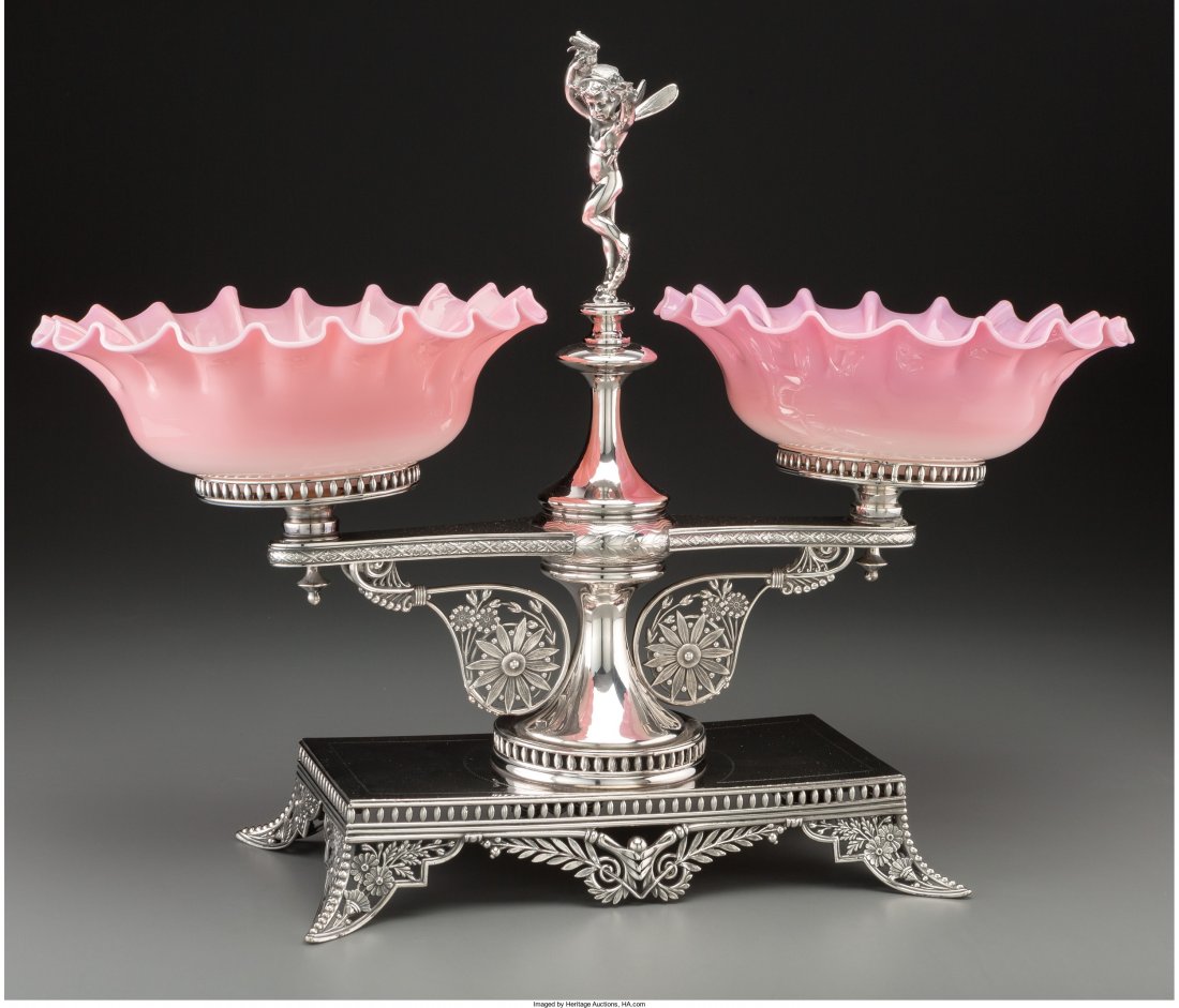 A Pairpoint Silver-Plated Double Bride's Basket : A Pairpoint Silver-Plated Double Bride's Basket with Ruffled Glass Bowls, New Bedford, M