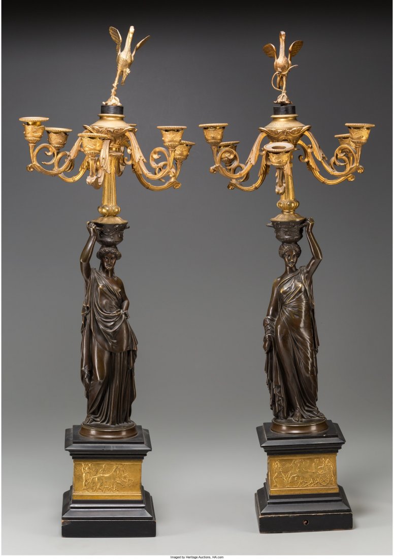A Pair of Six-Light Empire Gilt and Patinated Br: A Pair of Six-Light Empire Gilt and Patinated Bronze Figural Candelabra, after Louis Valentin Elias Robert