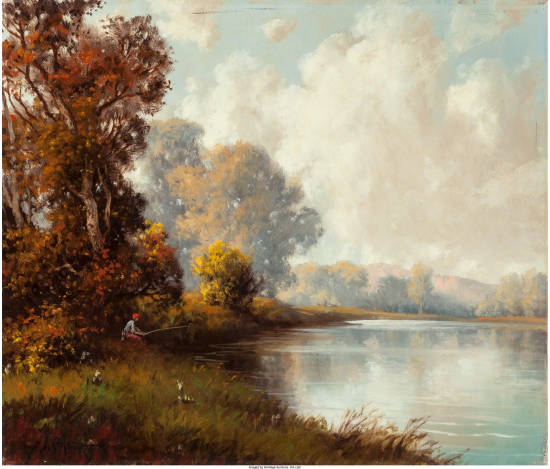 A.D. Greer (American, 1904-1998) Fishing by the : A.D. Greer (American, 1904-1998) Fishing by the Creek Oil on canvas 22 x 2