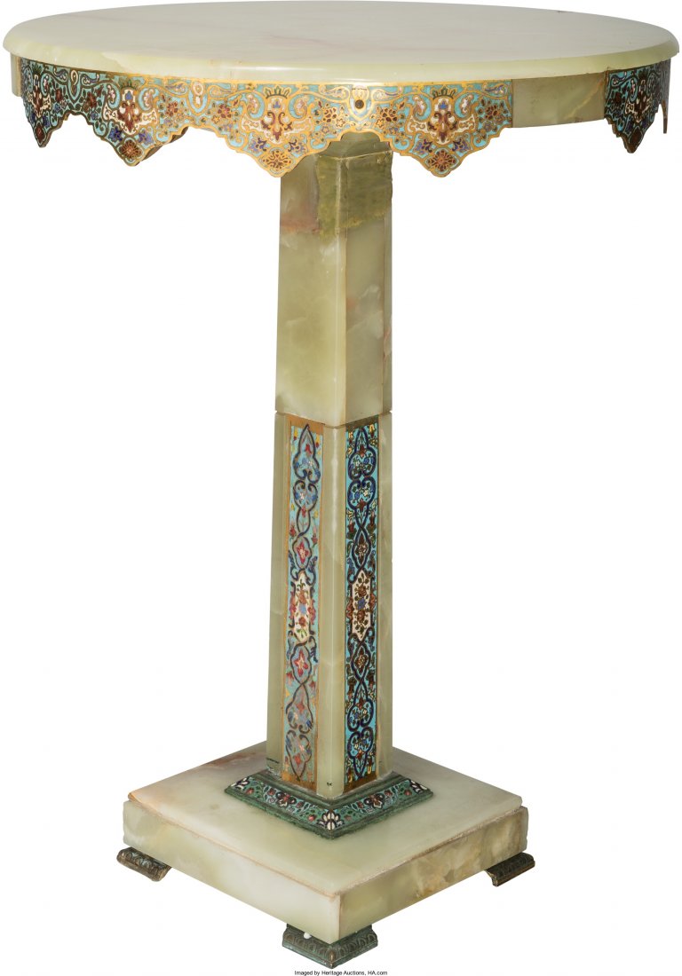 An Onyx and ChamplevÃ© Occasional Table, 20th ce: An Onyx and ChamplevÃ© Occasional Table, 20th century 25 inches high x 18 inches diameter (