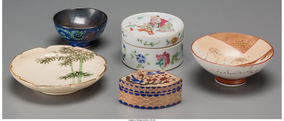 Five Small Asian Ceramic Table Items Marks: (cha: Five Small Asian Ceramic Table Items Marks: (character marks to some) 3-1/2 inches diame